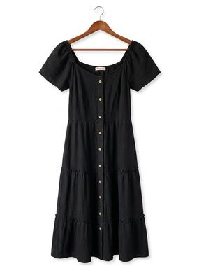 KIRUNDO Black Linen Blend Tiered Midi Dress Size S Square Neck Boho